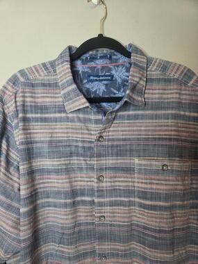 Tommy Bahama Mens XXL Blue Tan Stripe Cotton Button Down Long Sleeve Shirt